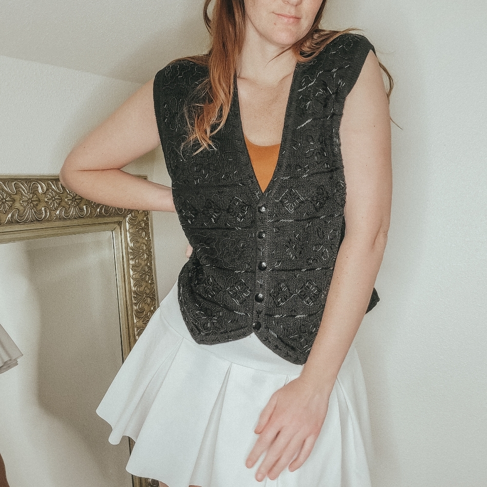 Vintage Black Beaded Vest Large